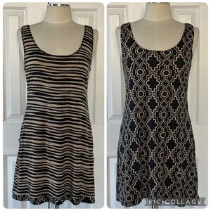 Reversible Sleeveless Shift Dress Black Tan Stripe & Geometric Print